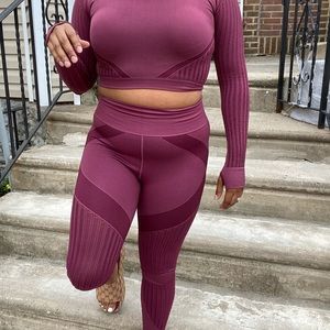Burgundy activewear set.
